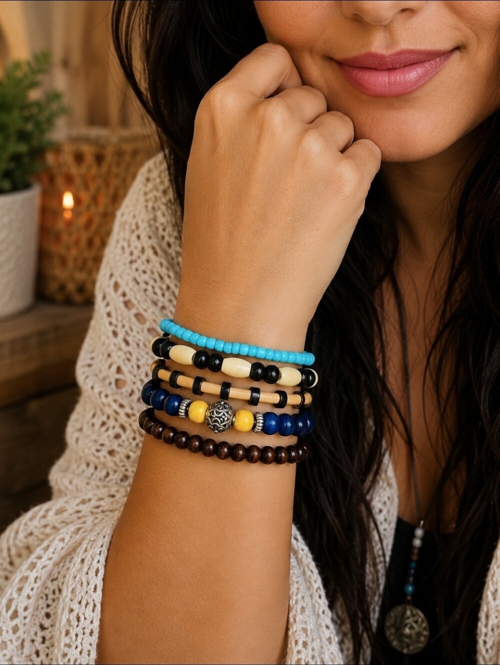 5-Piece Boho Wooden & Acrylic Stretch Bracelet Set – NEW